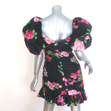 Ronny Kobo Windom Puff Sleeve Mini Dress Black Floral Print Satin Size Large