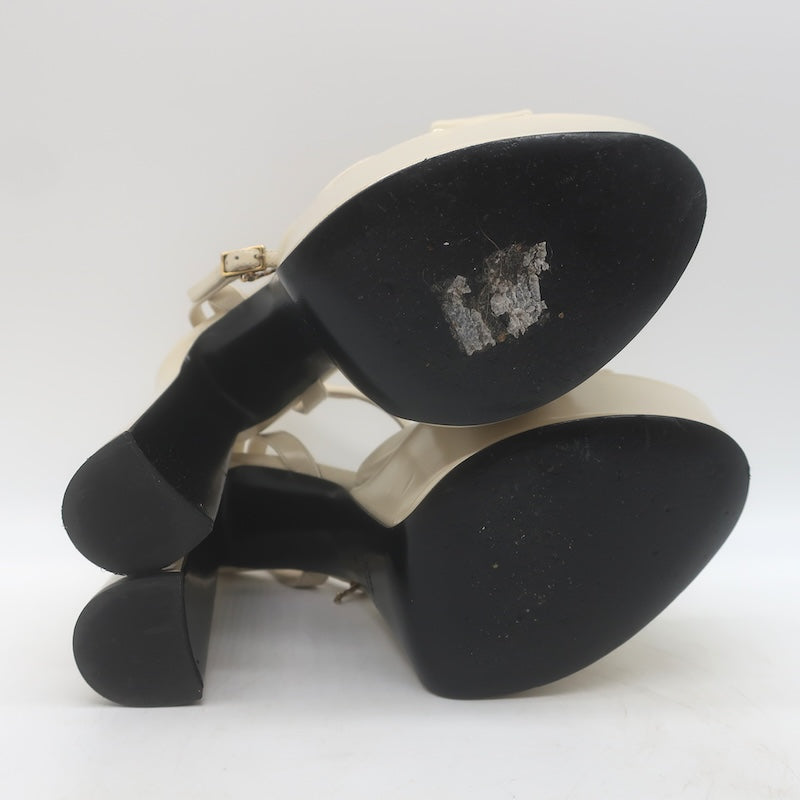 Saint Laurent Franciane Platform Sandals Marble White Patent Leather Size 36