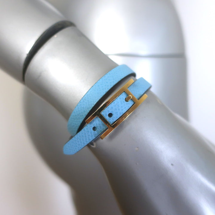 Hermes Behapi Double Tour Reversible Bracelet Blue/Orange Leather Gold Hardware