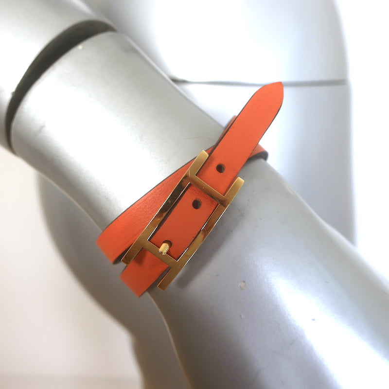 Hermes Behapi Double Tour Reversible Bracelet Blue/Orange Leather Gold Hardware