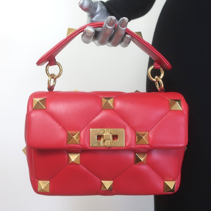 Valentino Medium Roman Stud Shoulder Bag Red Quilted Leather Crossbody