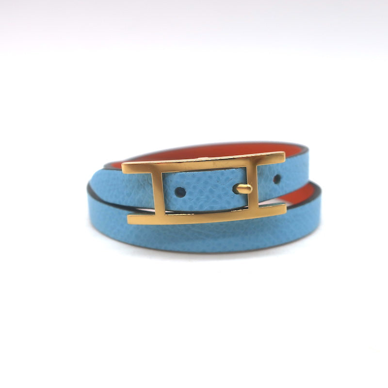 Hermes Behapi Double Tour Reversible Bracelet Blue/Orange Leather Gold Hardware