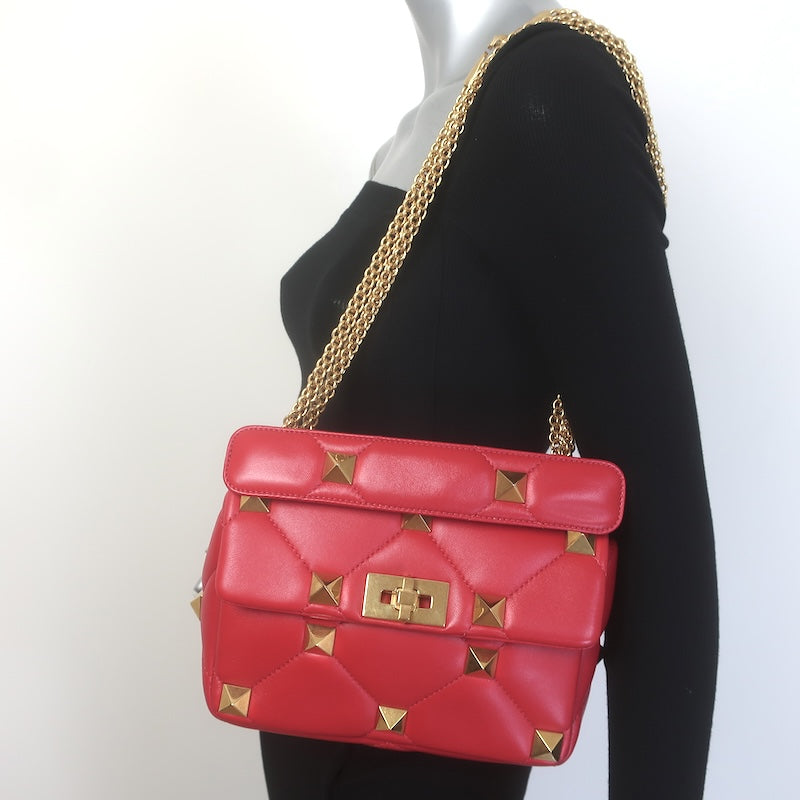 Valentino Medium Roman Stud Shoulder Bag Red Quilted Leather Crossbody