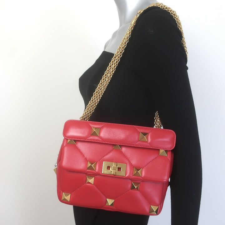 Valentino Medium Roman Stud Shoulder Bag Red Quilted Leather Crossbody