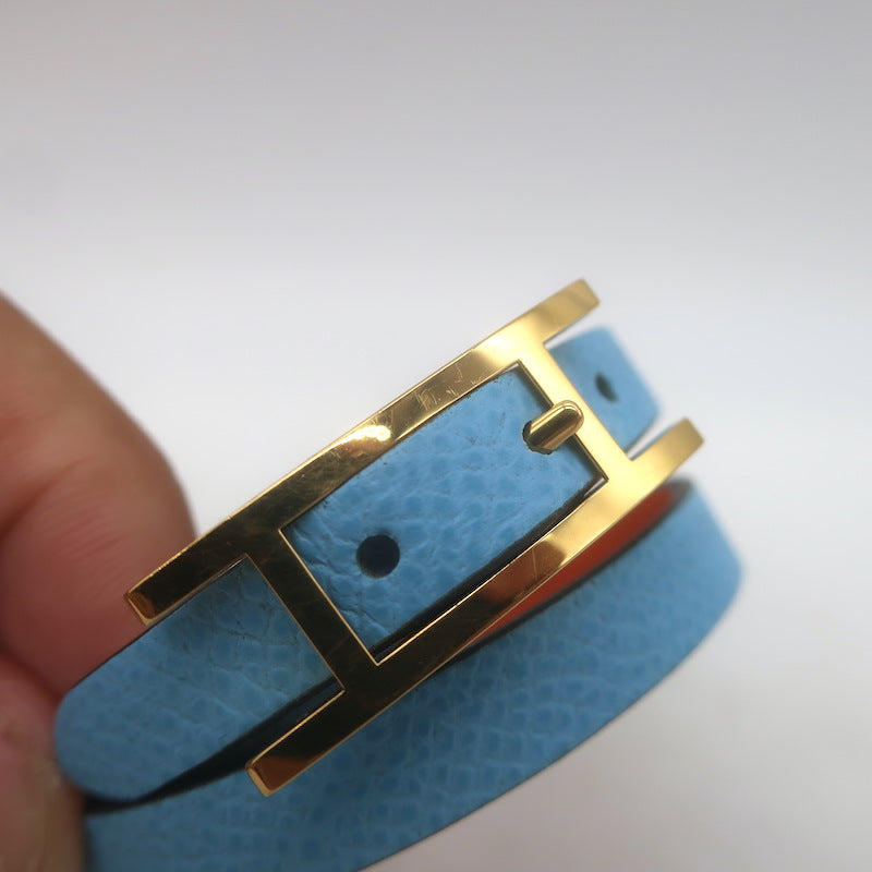 Hermes Behapi Double Tour Reversible Bracelet Blue/Orange Leather Gold Hardware