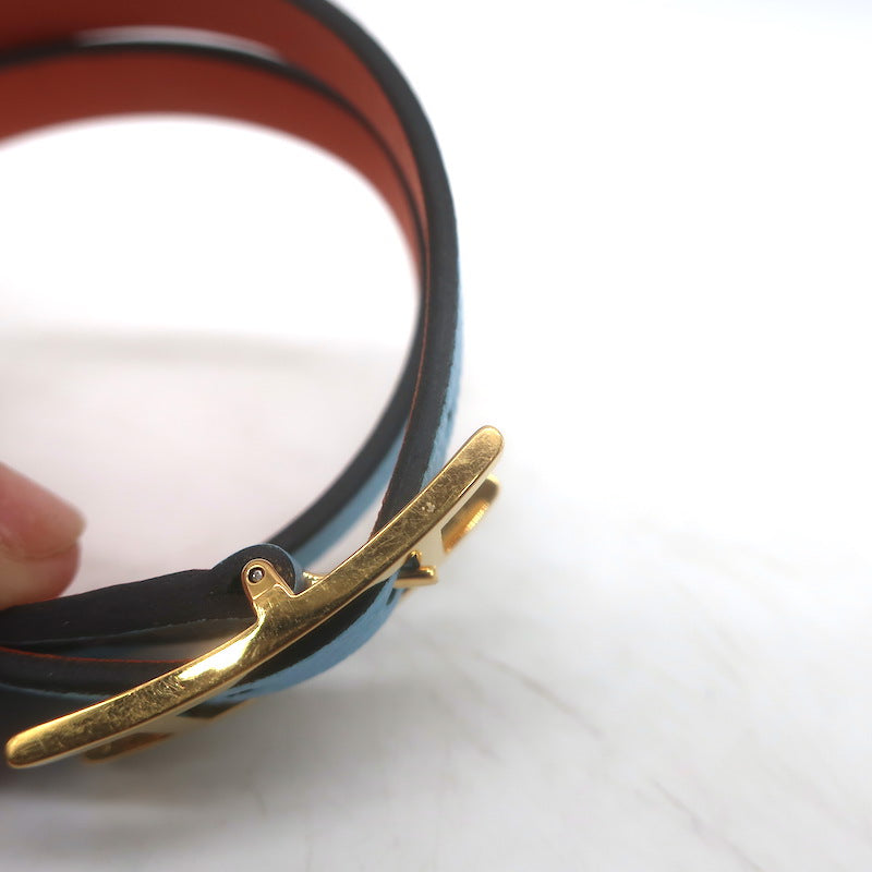 Hermes Behapi Double Tour Reversible Bracelet Blue/Orange Leather Gold Hardware