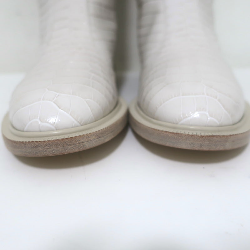 Fendi Karligraphy Crocodile-Embossed Riding Boots Cream Leather Size 38.5 NEW