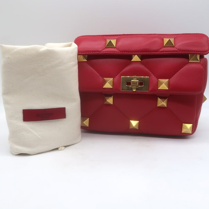 Valentino Medium Roman Stud Shoulder Bag Red Quilted Leather Crossbody