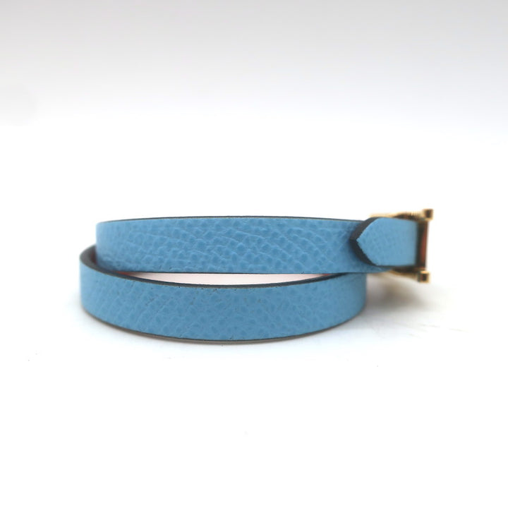 Hermes Behapi Double Tour Reversible Bracelet Blue/Orange Leather Gold Hardware