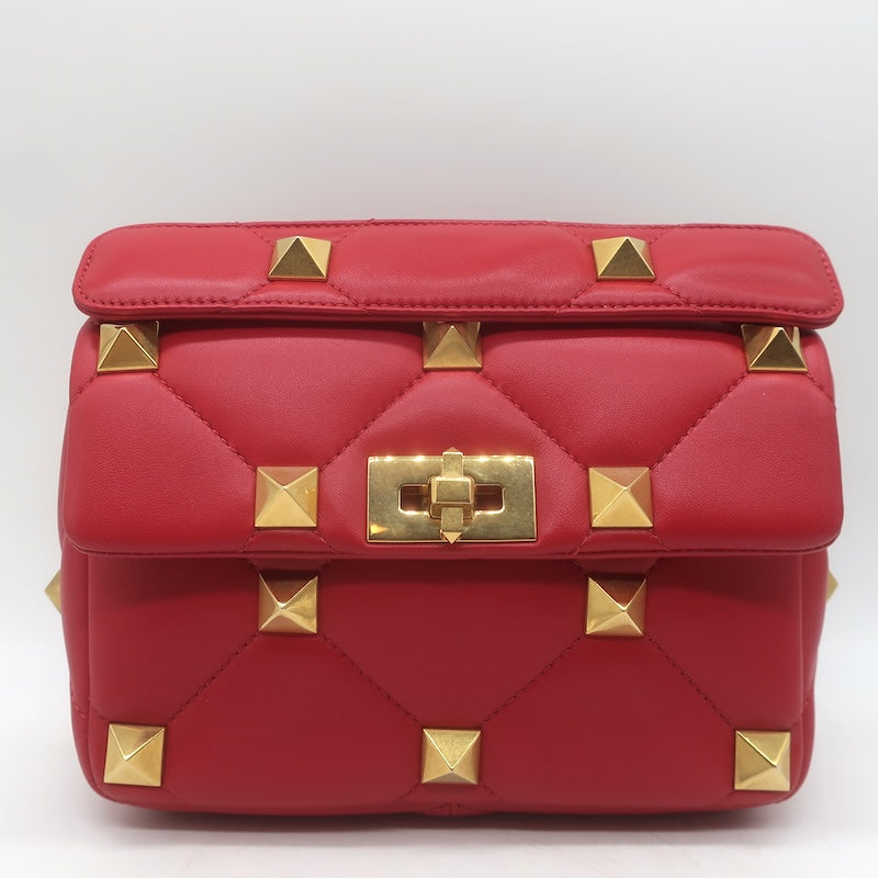 Valentino Medium Roman Stud Shoulder Bag Red Quilted Leather Crossbody