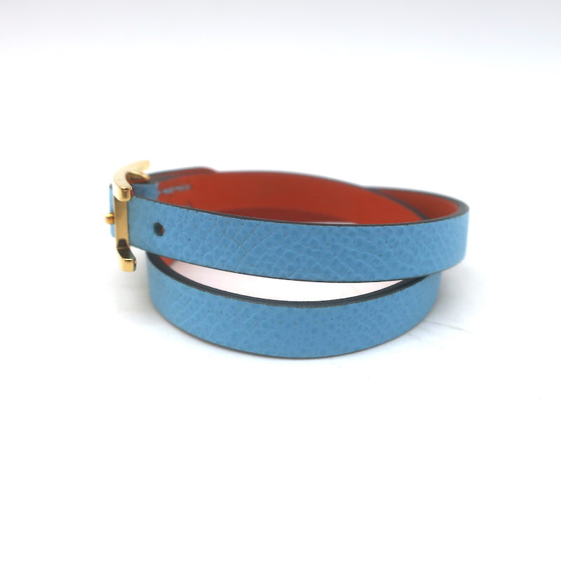 Hermes Behapi Double Tour Reversible Bracelet Blue/Orange Leather Gold Hardware