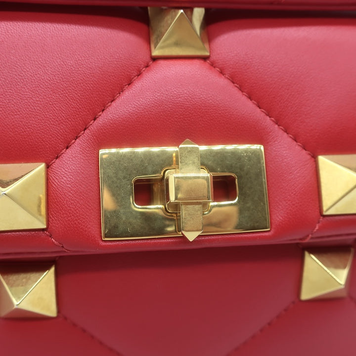 Valentino Medium Roman Stud Shoulder Bag Red Quilted Leather Crossbody