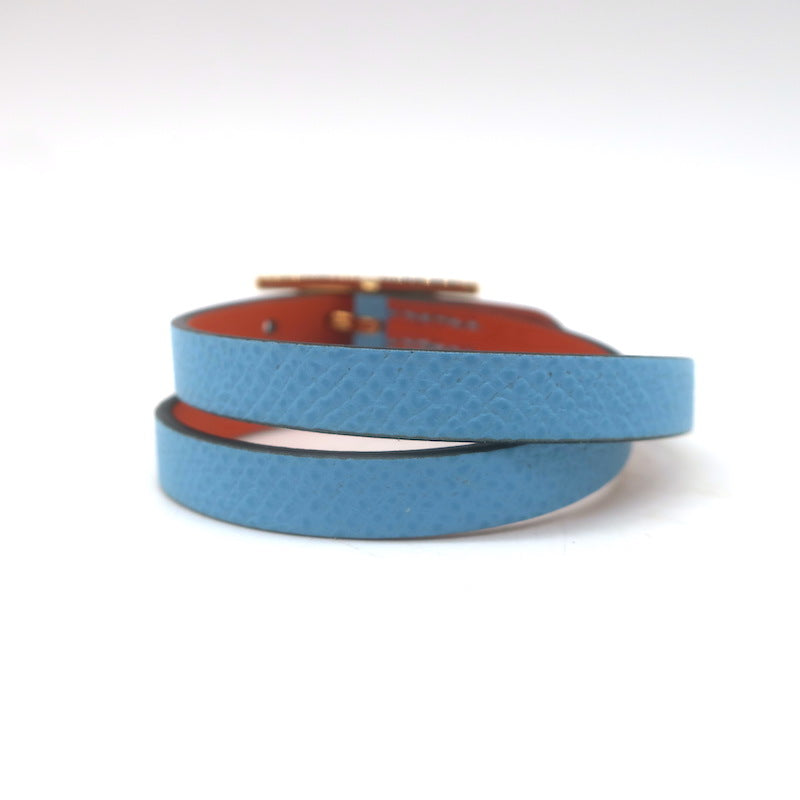 Hermes Behapi Double Tour Reversible Bracelet Blue/Orange Leather Gold Hardware