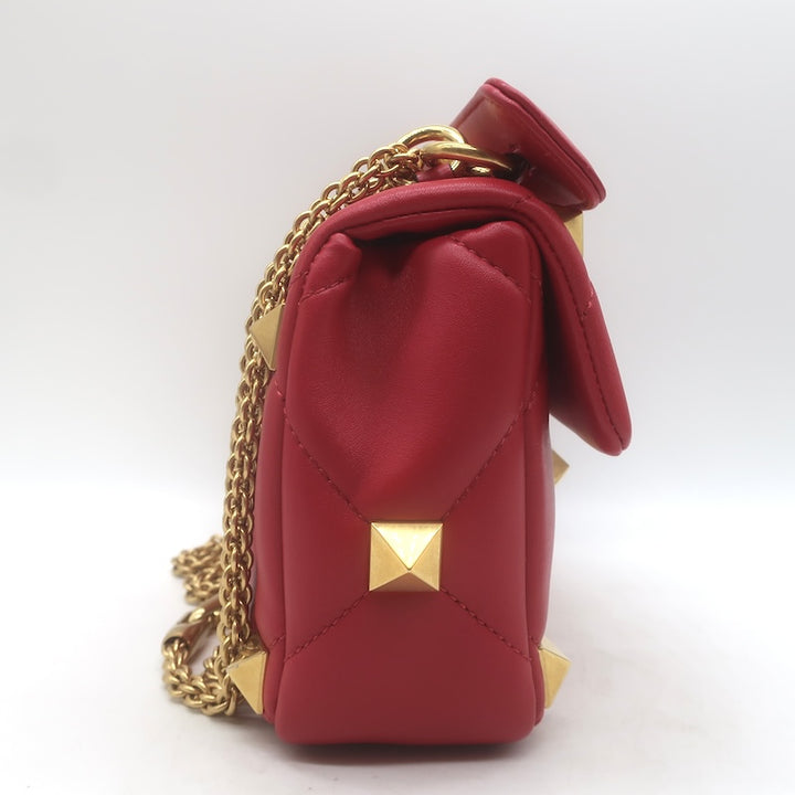 Valentino Medium Roman Stud Shoulder Bag Red Quilted Leather Crossbody