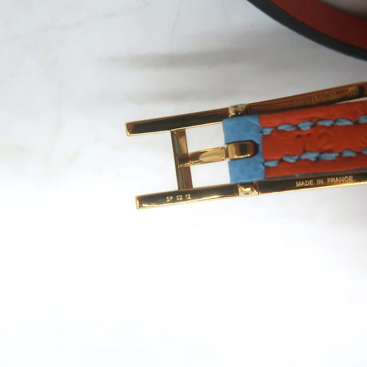 Hermes Behapi Double Tour Reversible Bracelet Blue/Orange Leather Gold Hardware