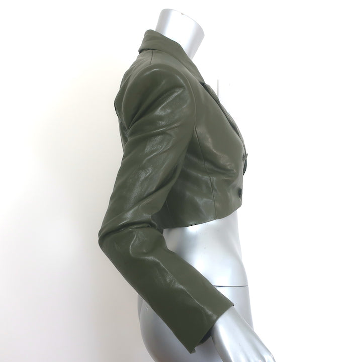 Alice + Olivia Anthony Cropped Faux Leather Blazer Olive Size 0
