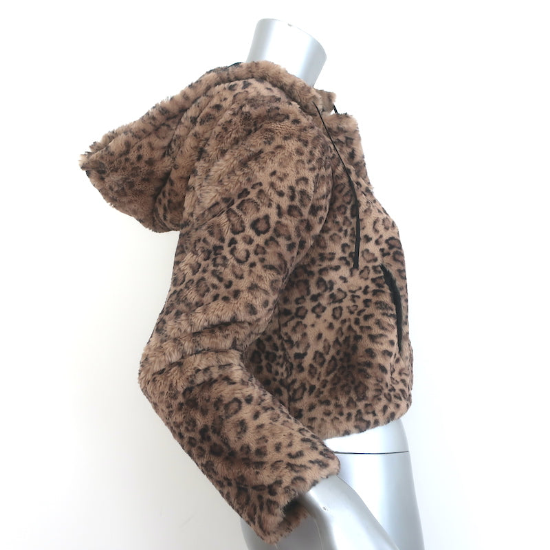 Morgane Le Fay Leopard Print Faux Fur Hooded Jacket Brown Size Extra Small
