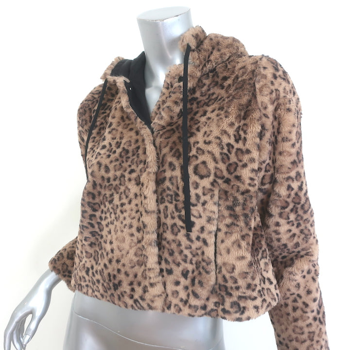 Morgane Le Fay Leopard Print Faux Fur Hooded Jacket Brown Size Extra Small
