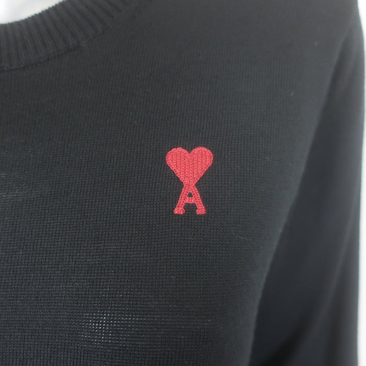 AMI Paris Ami De Coeur Embroidered Crewneck Sweater Black Wool Size Small