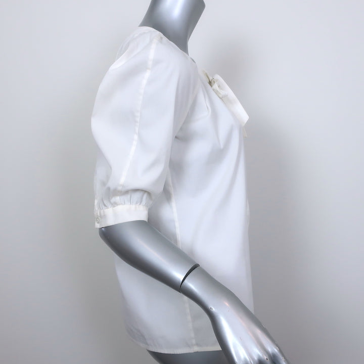 Theory Tie-Neck Top Marist Cream Stretch Cotton Size Small Short Sleeve Blouse