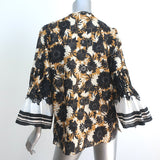 Kobi Halperin Top Mustard/Navy Floral Print Size Small Bell Sleeve Blouse