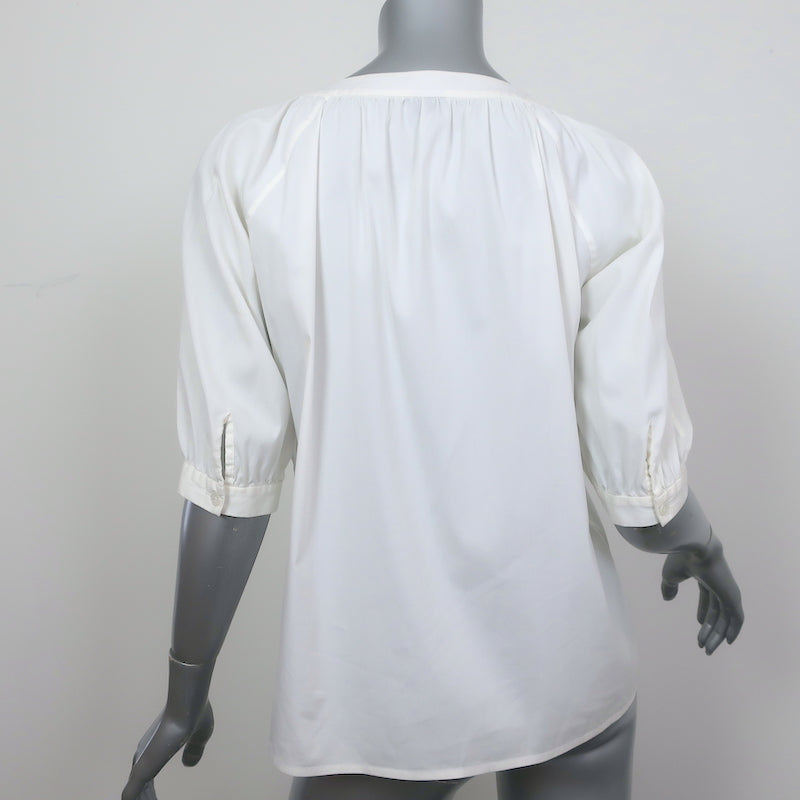 Theory Tie-Neck Top Marist Cream Stretch Cotton Size Small Short Sleeve Blouse