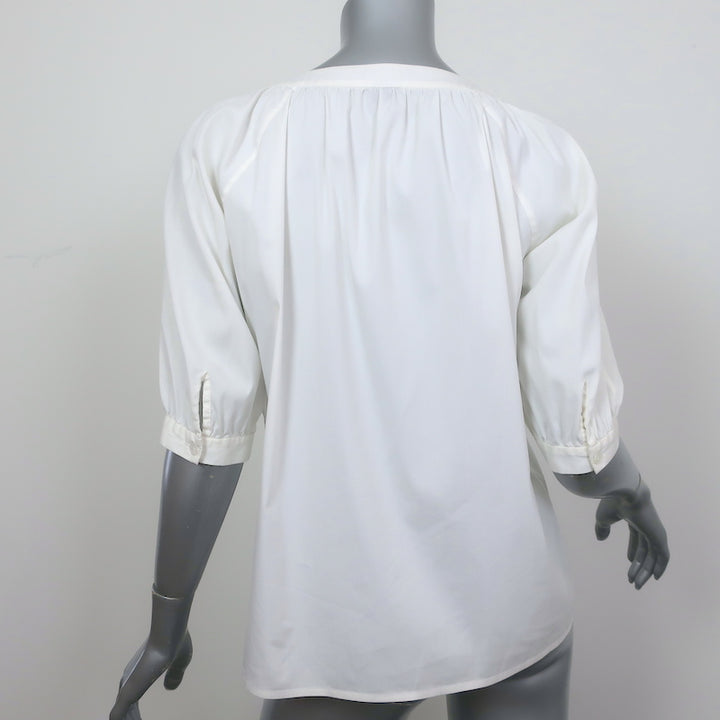 Theory Tie-Neck Top Marist Cream Stretch Cotton Size Small Short Sleeve Blouse