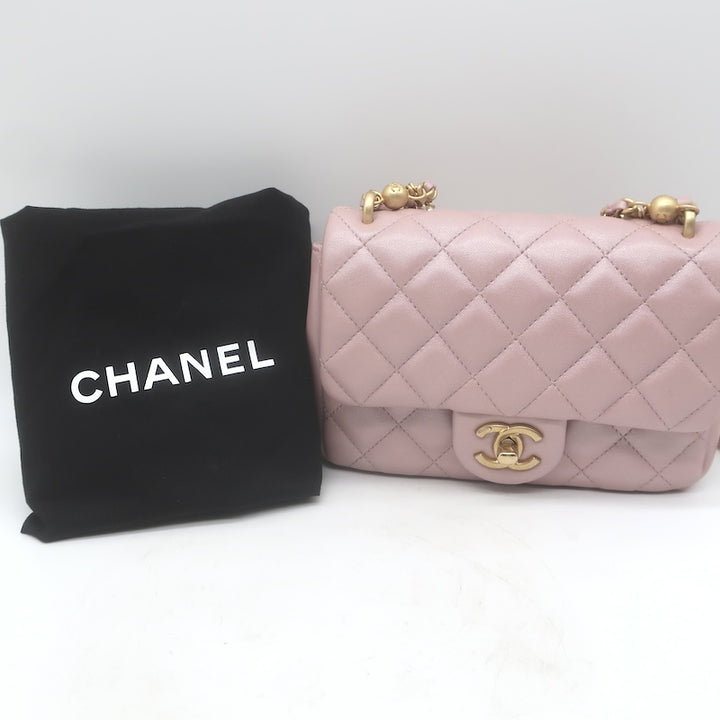 Chanel Pearl Twist Mini Flap Bag Blush Quilted Shiny Lambskin Leather Crossbody