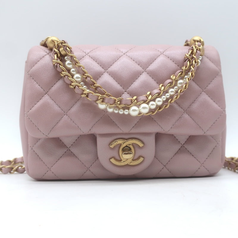 Chanel Pearl Twist Mini Flap Bag Blush Quilted Shiny Lambskin Leather Crossbody