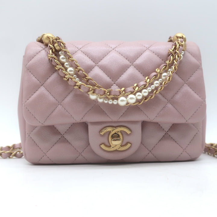 Chanel Pearl Twist Mini Flap Bag Blush Quilted Shiny Lambskin Leather Crossbody