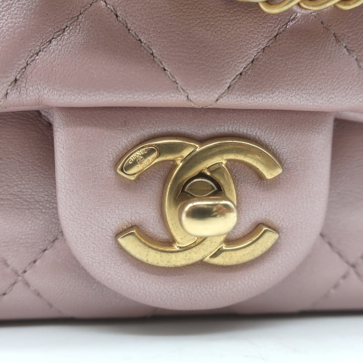 Chanel Pearl Twist Mini Flap Bag Blush Quilted Shiny Lambskin Leather Crossbody