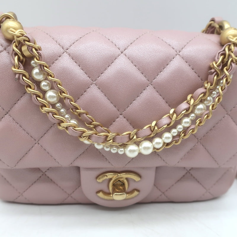 Chanel Pearl Twist Mini Flap Bag Blush Quilted Shiny Lambskin Leather Crossbody