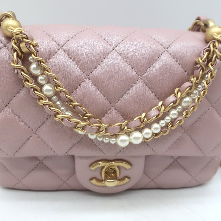 Chanel Pearl Twist Mini Flap Bag Blush Quilted Shiny Lambskin Leather Crossbody