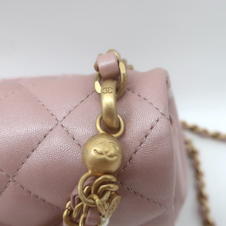 Chanel Pearl Twist Mini Flap Bag Blush Quilted Shiny Lambskin Leather Crossbody