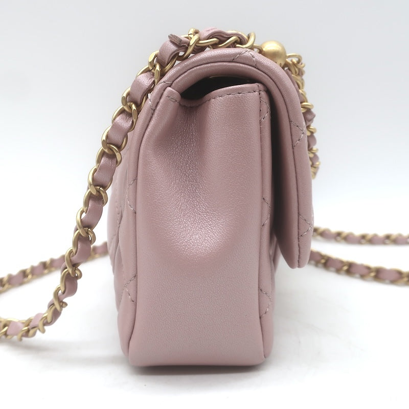 Chanel Pearl Twist Mini Flap Bag Blush Quilted Shiny Lambskin Leather Crossbody
