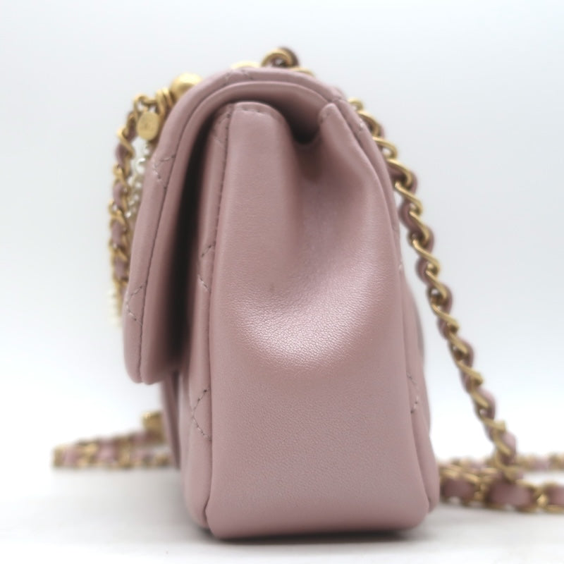 Chanel Pearl Twist Mini Flap Bag Blush Quilted Shiny Lambskin Leather Crossbody