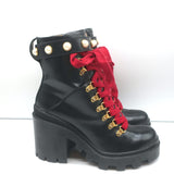 Gucci Trip Faux Pearl-Embellished Combat Boots Black Leather Size 38.5