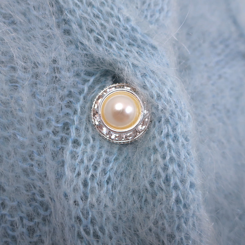 Paco Rabanne Pearl-Button Turtleneck Sweater Blue Mohair Cable Knit Size Medium
