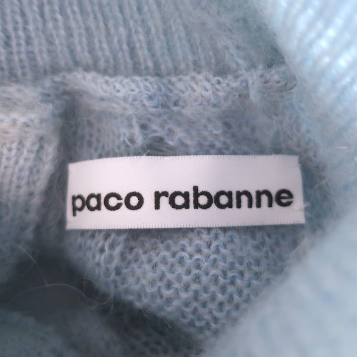 Paco Rabanne Pearl-Button Turtleneck Sweater Blue Mohair Cable Knit Size Medium