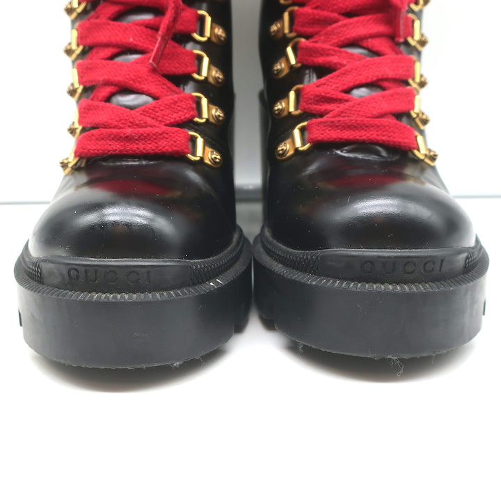 Gucci Trip Faux Pearl-Embellished Combat Boots Black Leather Size 38.5