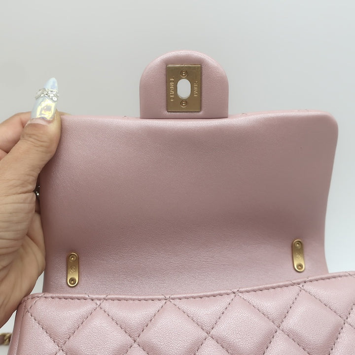 Chanel Pearl Twist Mini Flap Bag Blush Quilted Shiny Lambskin Leather Crossbody