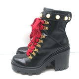 Gucci Trip Faux Pearl-Embellished Combat Boots Black Leather Size 38.5