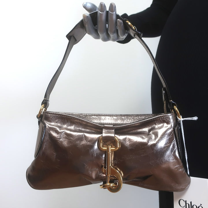 Chloe Kerala 25 Metallic Leather Small Shoulder Bag Shiny Grey / Dark Gold NEW