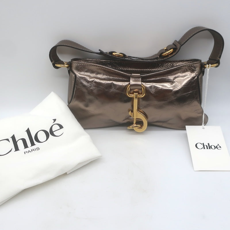 Chloe Kerala 25 Metallic Leather Small Shoulder Bag Shiny Grey / Dark Gold NEW