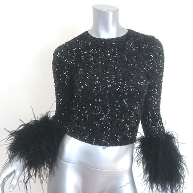 Alice + Olivia Delaina Sequined Feather-Cuff Top Black Size Extra Small