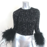Alice + Olivia Delaina Sequined Feather-Cuff Top Black Size Extra Small