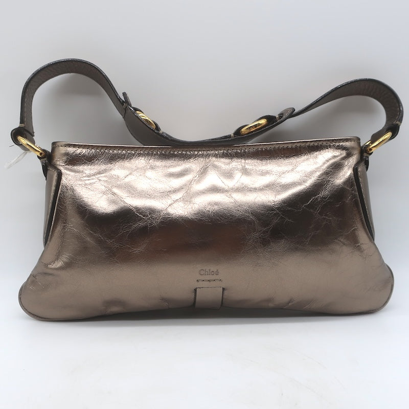 Chloe Kerala 25 Metallic Leather Small Shoulder Bag Shiny Grey / Dark Gold NEW