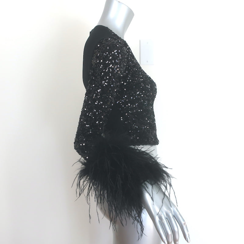 Alice + Olivia Delaina Sequined Feather-Cuff Top Black Size Extra Small