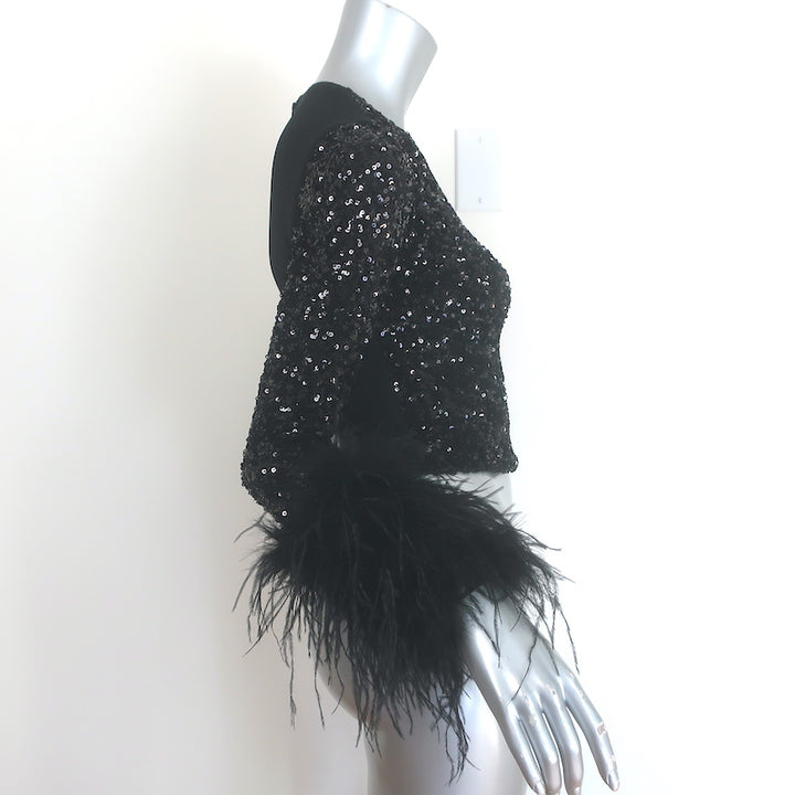 Alice + Olivia Delaina Sequined Feather-Cuff Top Black Size Extra Small