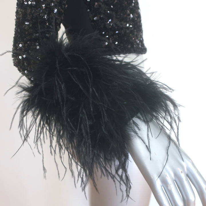 Alice + Olivia Delaina Sequined Feather-Cuff Top Black Size Extra Small